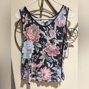 LOFT Navy Floral Scoop Neck Tank with Pink & Blue Blooms, Size SP